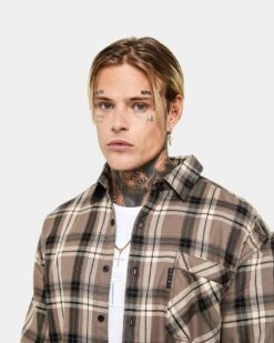 Saint Morta Prima Long Sleeve Flannel Shirt Brown -Champioe Style 02020574 YX300 mens 060