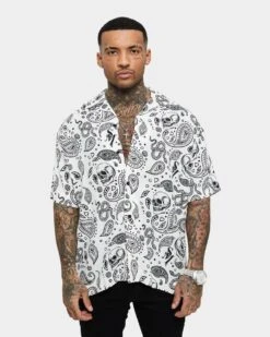 Saint Morta Paisley Skulls Short Sleeve Button Up Shirt White/Black -Champioe Style 02036277 YW110 mens 0030