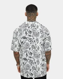 Saint Morta Paisley Skulls Short Sleeve Button Up Shirt White/Black -Champioe Style 02036277 YW110 mens 0050