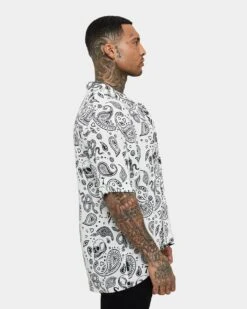 Saint Morta Paisley Skulls Short Sleeve Button Up Shirt White/Black -Champioe Style 02036277 YW110 mens 0060