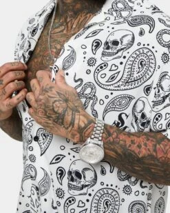 Saint Morta Paisley Skulls Short Sleeve Button Up Shirt White/Black -Champioe Style 02036277 YW110 mens 0070