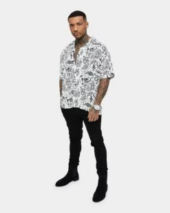 Saint Morta Paisley Skulls Short Sleeve Button Up Shirt White/Black -Champioe Style 02036277 YW110 mens 0080