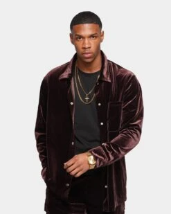 XXIII Uzair Velour Button Up Shirt Chocolate