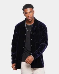 XXIII Uzair Velour Button Up Shirt Dark Navy