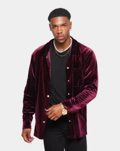 XXIII Uzair Velour Button Up Shirt Burgundy