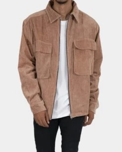 MNML Corduroy Zip Up Shirt Brown