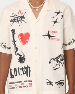 Loiter Tattoo Button Up Shirt Ecru -Champioe Style 02044715 YE017 mens 0040