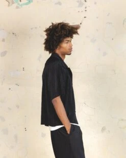 404 Harbour Plisse Button Up Shirt Black -Champioe Style 02045506 YB001 mens 0000050