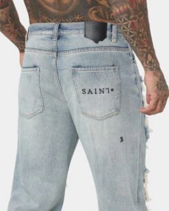 Saint Morta Prima Baggy Distressed Jeans Blue -Champioe Style 03010486 YX001 mens 080