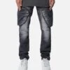 MNML Zipper Inseam Cargo Denim Jeans Washed Black