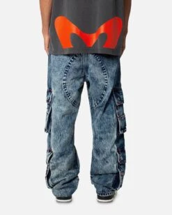 MNML Baggy Rave Cargo Denim Jeans Vintage Blue -Champioe Style 03011821 YX561 mens 0040