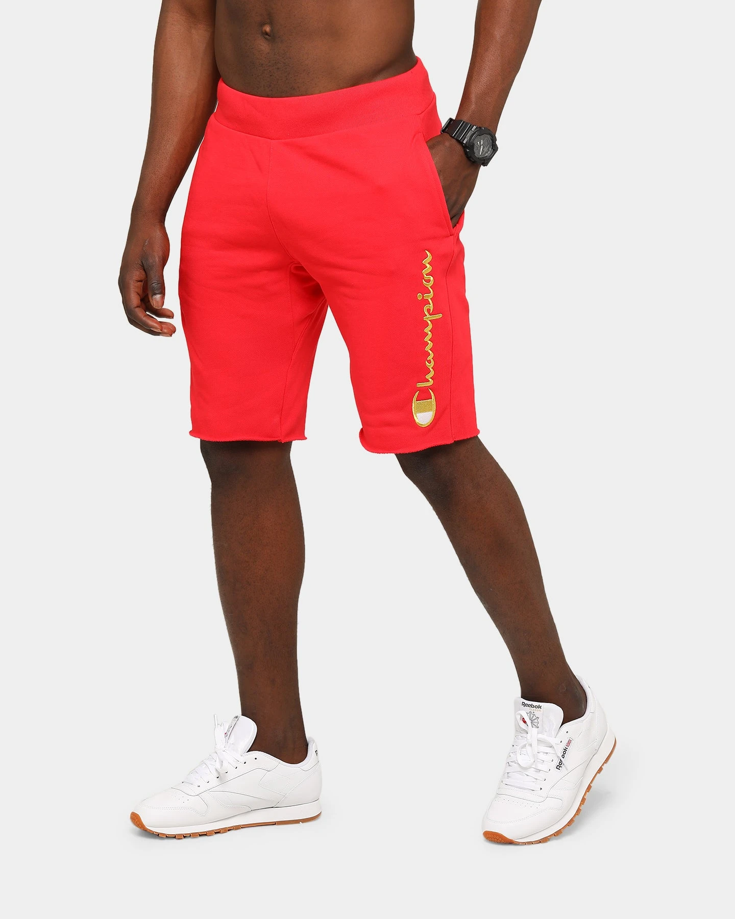 Champion Men's Rev Weave Cut Off Script Short Red/Gold 2 Champion Men's Rev Weave Cut Off Script Short Red/Gold